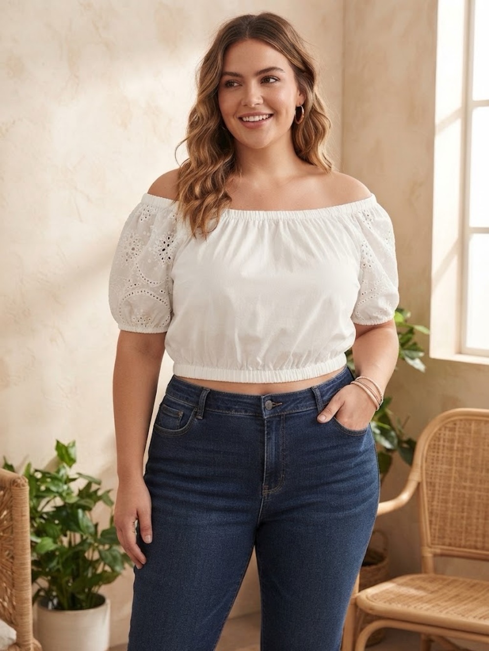 white birch White Off-Shoulder Eyelet Crop Top